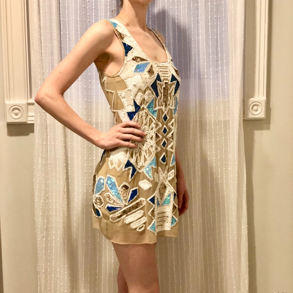 Needle & Thread Geometric Sequin Nude Mini Dress